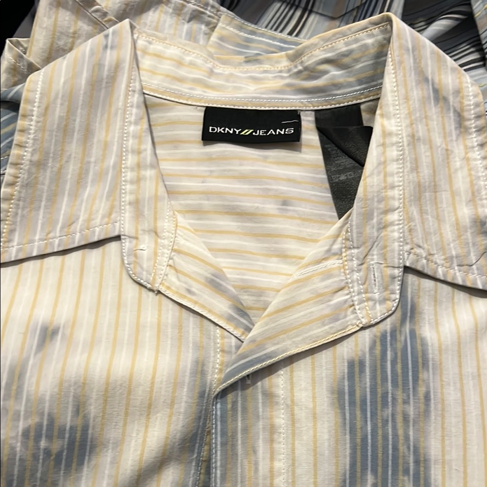 DKNY Men's Casual Button Down Shirt - Cream and Gray Stripes